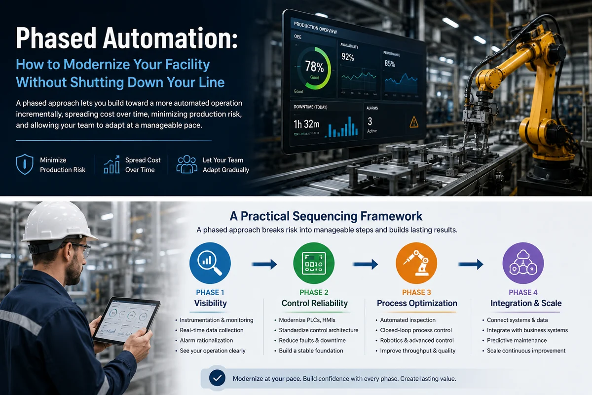 Phased automation sequencing framework: Phase 1 Visibility, Phase 2 Control Reliability, Phase 3 Process Optimization, Phase 4 Integration and Scale