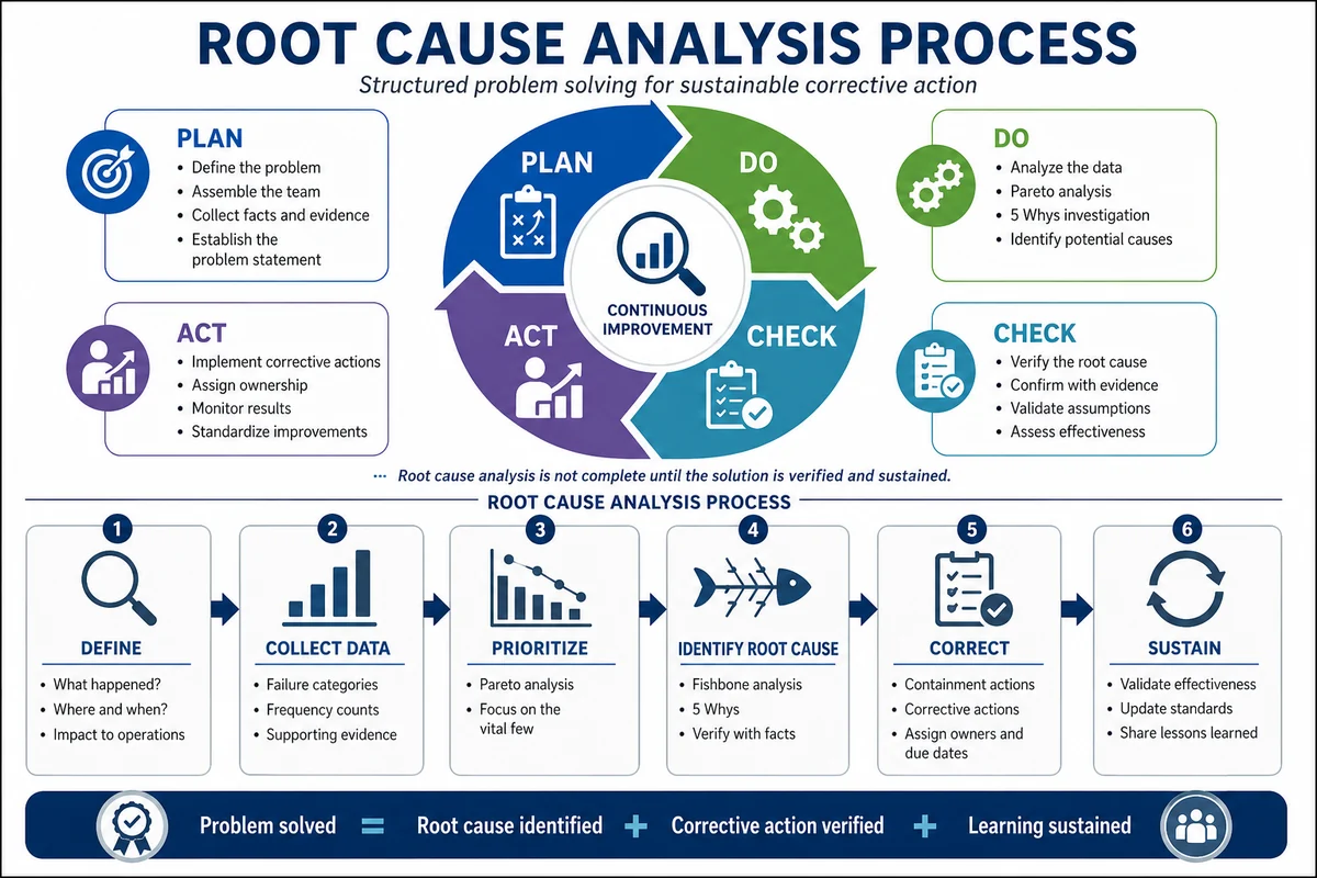 Root cause analysis process infographic showing the Plan-Do-Check-Act cycle and a six-step RCA workflow from define to sustain